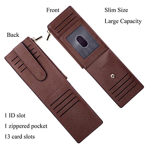 Chelmon Women's RFID Slim Card Holder Wallet | Thin Bifold Multi Card Case with Zipper Coin Pocket Purse for Women(Deep Brown) - color: Deep Brown