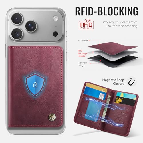 Magnetic Wallet Card Holder with RFID Protection, PU Leather Slim Wallet, Strong Magnet Attachment for iPhone 18/17/16/15/14/13/12 Series Pro Max Plus Mini-Wine - color: Wine
