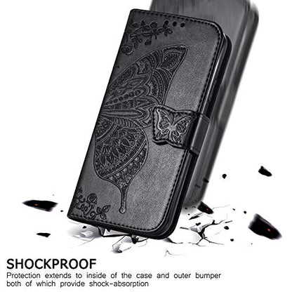 Wallet Case for Samsung Galaxy A03s with Card Holder Black | PU Leather Flip Phone Cover,Wrist Strap,Woman Man Purse,Emboss Butterfly Flower,Stand,Shockproof TPU Shell, Magnetic Closure - color: B Black
