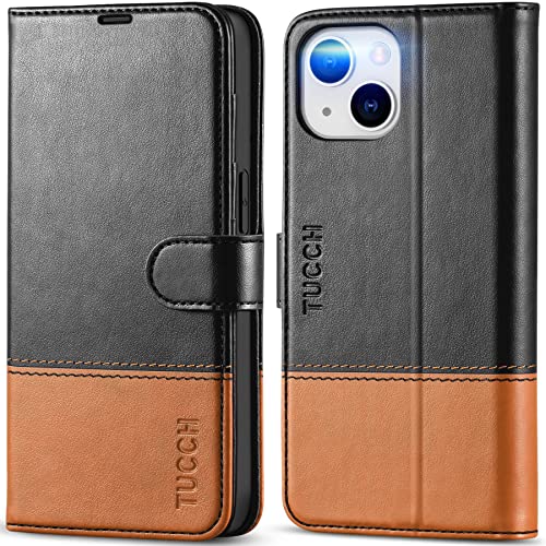 TUCCH Wallet Case for iPhone 14 (6.1") 2022, Flip Stand, Black & Brown | RFID Blocking, 4 Card Holders, Kickstand, PU Leather, Shockproof TPU Shell, Magnetic Closure, Protective Folio Cover - color: Black & Brown
