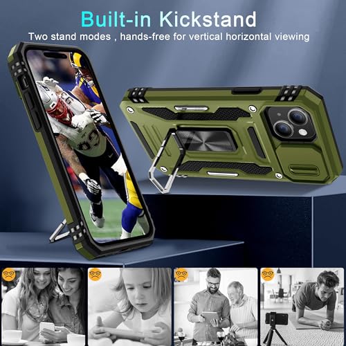 DEERLAMN Case for iPhone 15 with Slide Camera Cover + Screen Protector (2 Packs), Rotated Ring Kickstand Military Grade Shockproof Protective Cover-Olive Green - color: Olive Green