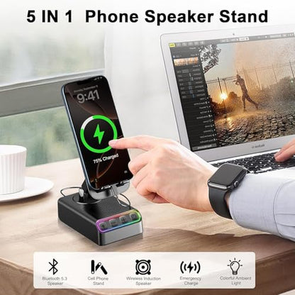 Hupoaf Adjustable Cell Phone Stand with Wireless Induction Bluetooth Speaker, HD Surround Sound for Home and Outdoors, Compatible with iPhone/iPad/Samsung Galaxy, Popular Gifts for Men Women Dad Mom