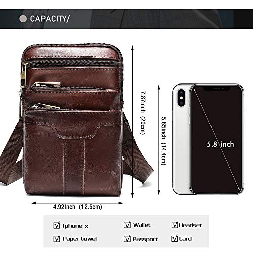 Cell Phone Shoulder Bag Leather Men, Waterproof Phone Waist Bag Messenger Bag Crossbody Purse with Belt Loop Wallet Case - color: Coffee