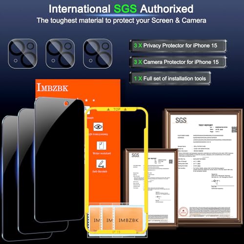 IMBZBK 3 Pack Privacy Screen Protector for iPhone 15,Tempered Glass - color: 15-Black