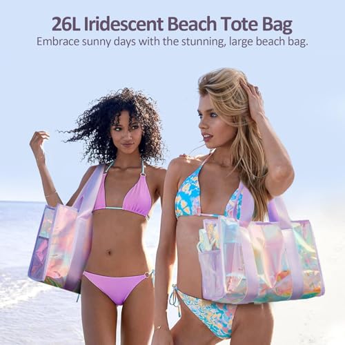 Iridescent Beach Bag for Women, 26L Extra Large Clear Waterproof Sandproof Tote Bag, Zipper Closure with Touchscreen Phone Pouch Adjustable Crossbody Strap for Beach Pool Travel Gym Vacation