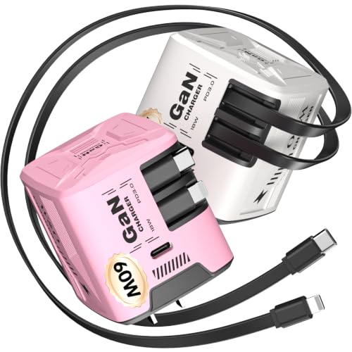 W & O 60W Gan Fast Charger Wall Plug, Built-in Retractable USB-C & L Cables - color: white+pink