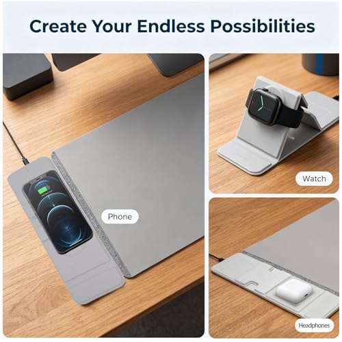 15W Wireless Charging Mouse Pad 31.5"x15.75", Double-Sided Faux Leather - color: Folding-Gray