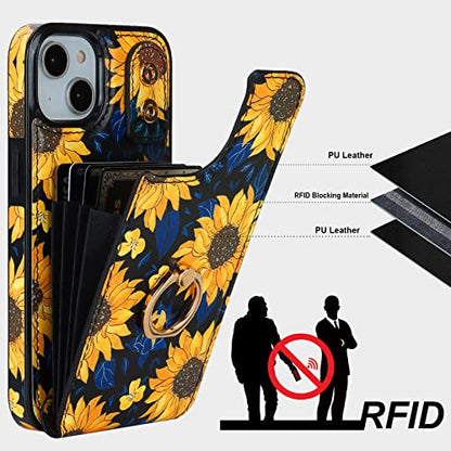 HAOPINSH for iPhone 13/ iPhone 14 Wallet Case with Card Holder, 360°Rotation Ring Kickstand, Blooming Sunflowers Pattern, RFID Blocking Leather for Girls Women,Double Buttons Protective Cover 6.1" - color: Blooming Sunflowers