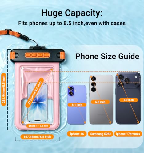 IP68 Bluetooth Shutter Waterproof Phone Pouch Case,Floating,Pink | Hands-Free Photo & Video Underwater Control.Large Waterproof Phone Case Universal Fit for 8.5" Phone(iPhone Samsung Google) - color: Pink