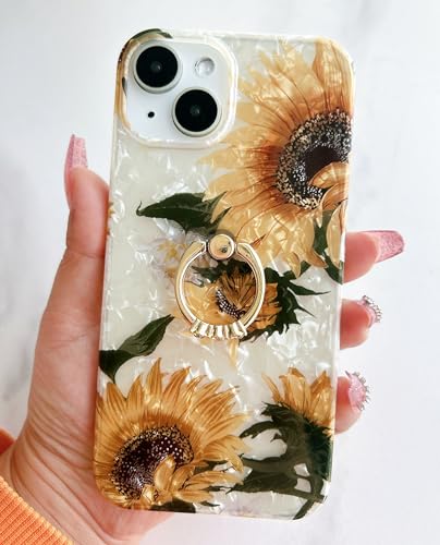 Qokey for iPhone 13/14 Case 6.1 inch,Flower Design Cute Clear for Women Girls with 360 Degree Rotating Ring Kickstand Soft TPU Shockproof Cover Sunflower - color: Sunflower