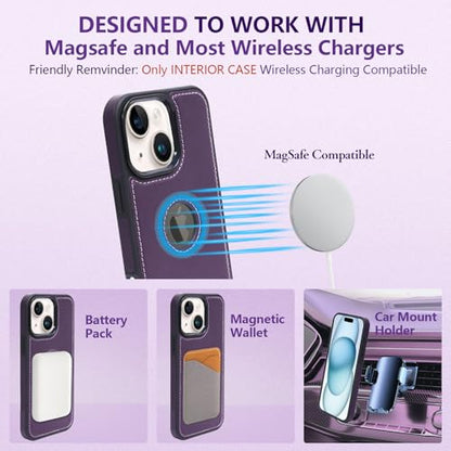 2 in 1 PU Leather for iPhone 14 13 Case, Detachable Wallet Case with Card Holder, Removable Flip Folio Cover with RFID Blocking, Stand Shockproof Phone Cover（Compatible with MagSafe） Purple - color: Purple, size: Iphone 14 / 13