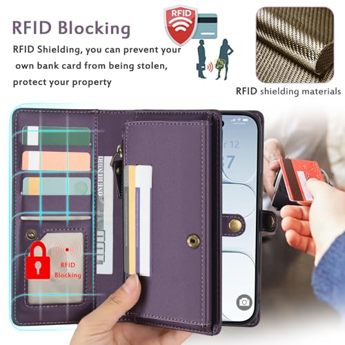 for Wallet Case Compatible with iPhone 17 Air,Multi-Function Detachable 3 in 1 Magnetic iPhone 17 Air Case Wallet,Flip Strap Zipper Card Holder Phone Case with Shoulder Straps (Pruple) - color: Purple, size: iPhone 17Air