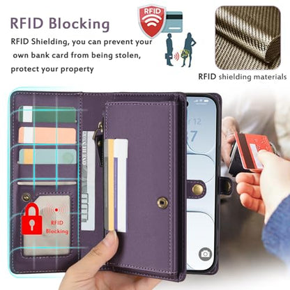 for Wallet Case Compatible with iPhone 17 Air,Multi-Function Detachable 3 in 1 Magnetic iPhone 17 Air Case Wallet,Flip Strap Zipper Card Holder Phone Case with Shoulder Straps (Pruple) - color: Purple, size: iPhone 17Air