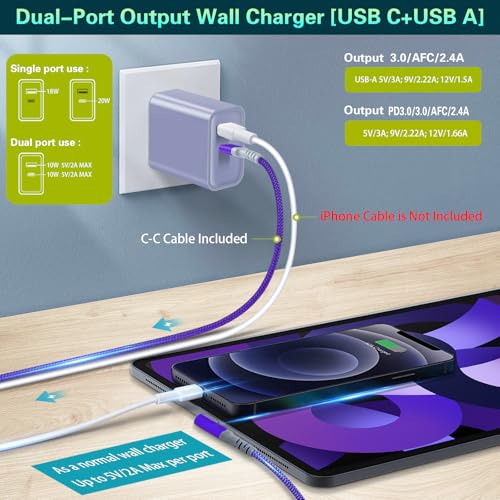 Fast Charging Wall Charger + USB C Cable, 2-Pack 20W USB C Power Adapter - color: Purple Blue