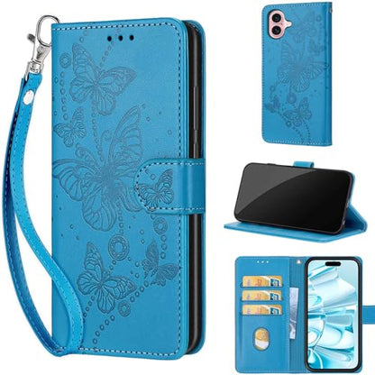 Wallet Case for iPhone 16, Blue Butterfly | Women Flip Folio Cover, Embossed PU Leather, Stand, Credit Card Holders Slots, Wrist Strap - color: 8