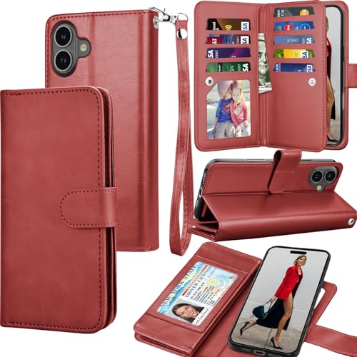 Tekcoo Wallet Case Compatible with iPhone 16 (6.1 inch) 2024 Luxury ID Cash Credit Card Slots Holder Carrying Pouch Folio Flip PU Leather Cover [Detachable Magnetic Hard Case] with Strap [Wine Red] - color: Wine Red, size: 16