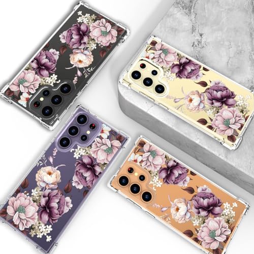 Hungo Galaxy S24 Ultra Case for Women Floral Flower Clear Design Cute,Girly Girls Flower Case Compatible with Samsung Galaxy S24 Ultra Pink Rose - color: Purple Roses