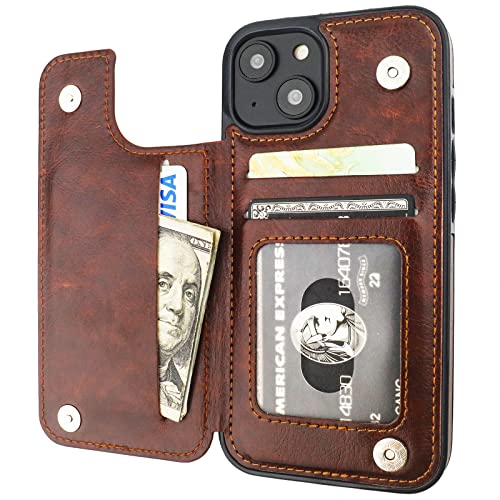 ONETOP for iPhone 14 Wallet Case with Credit Card Holder,Brown - color: Brown