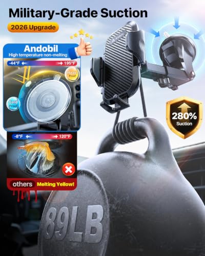 andobil Car Phone Holder, True Military-Grade 95+LBS Strongest Suction Cell Phone Mount for Car Dashboard Windshield Vent Easy Clamp Truck Cradle Stand for iPhone 18 Pro Max 17 16 15 14 13 Android - color: Black