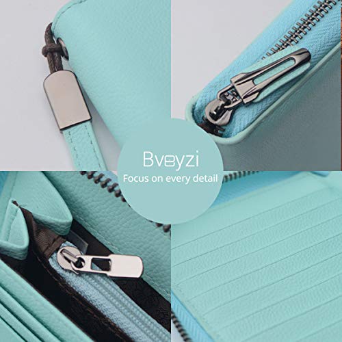 Bveyzi Women RFID Blocking Wallet Leather Zip Around Phone Clutch Large Capacity Ladies Travel Purse Wristlet - color: Light Blue