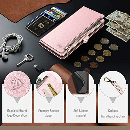 XcaseBar Compatible with ‌iPhone 16e 6.1"/17e 6.1" Wallet case with Zipper Credit Card Holder【RFID Blocking】,Flip Folio Book Leather Phone case Shockproof Cover Women Men for Apple 16e case Rose Gold - color: Rose Gold