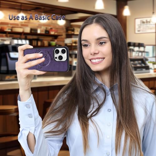 for iPhone 16e/17e Case Wallet,Compatible with MagSafe Magnetic 2 in 1 Magnetic Detachable PU Leather RFID Blocking Wallet Cover Card Holder Zipper Wrist Strap Lanyard,Floral Purple - color: Purple