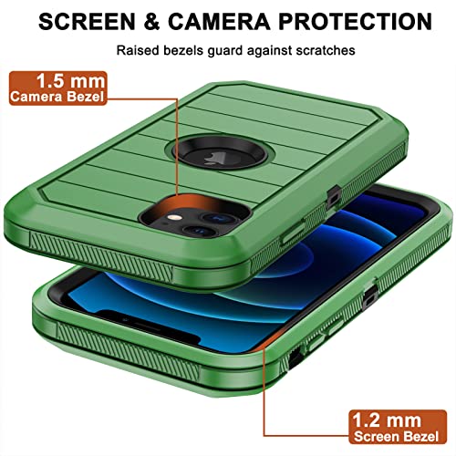 for iPhone 12 Case, iPhone 12 Pro Case with Belt Clip Holster, 2X Screen Protector, Heavy Duty Military Grade Full Body Shockproof Rugged Protective Cover for iPhone 12/12 Pro (Green Black B) - color: Green Black B