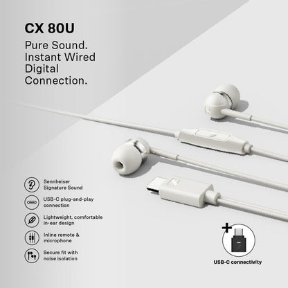 Sennheiser CX 80U in-Ear Headphones, USB C Connection, White - color: White