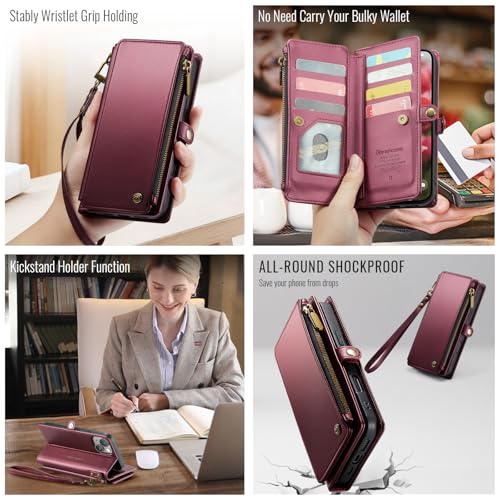 Defencase for iPhone 14 Plus Wallet Case with RFID Card Holder, Wine Red | Durable Soft PU Leather, with Zipper Pocket, Wrist Strap, Fashion Snap Flip Phone Cases Cover with Stand for Women and Men - color: Wine Red