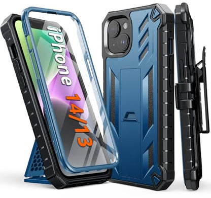 FNTCASE for iPhone 14/13 Case : with Belt-Clip Holster & Kickstand - Heavy Duty Military Grade Protection Cover Shockproof TPU Phone Shell Durable Rugged Full Protective Phonecase - 6.1 inch Blue | Rugged Kickstand, Military-Grade Drop Protection, Full Bo