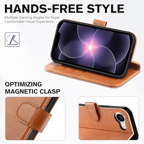 TUCCH Wallet Case for iPhone 17e/16e (6.1"), 4 Card Holders, Light Brown | RFID Blocking, Viewing Stand, Shockproof TPU Shell, PU Leather, Magnetic Closure, Protective Folio Flip Cover - color: Brown - Textured