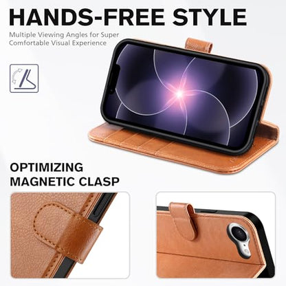TUCCH Wallet Case for iPhone 17e/16e (6.1"), 4 Card Holders, Light Brown | RFID Blocking, Viewing Stand, Shockproof TPU Shell, PU Leather, Magnetic Closure, Protective Folio Flip Cover - color: Brown - Textured