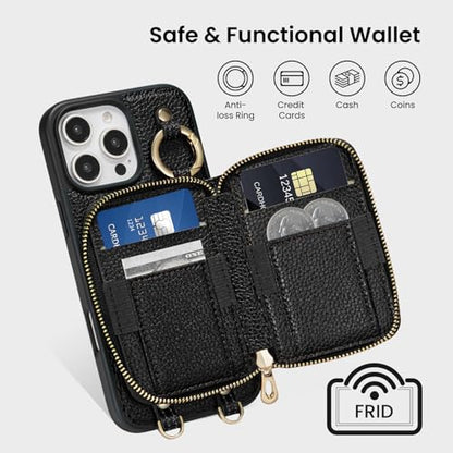 ORNARTO Magnetic Detachable Wallet Case for iPhone 16 Pro Max, Black | Compatible with MagSafe, Crossbody Wallet Case with Card Holder Wrist Strap, RFID Blocking PU Leather Wallet Phone Cover 6.9” - color: Black