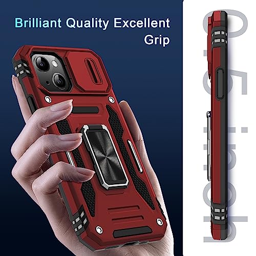 DEERLAMN Case for iPhone 13/iPhone 14 6.1-Inch with Slide Camera Cover+Screen Protector(2 Packs),Rotated Ring Kickstand Military Grade Shockproof Protective Cover-Red - color: Red