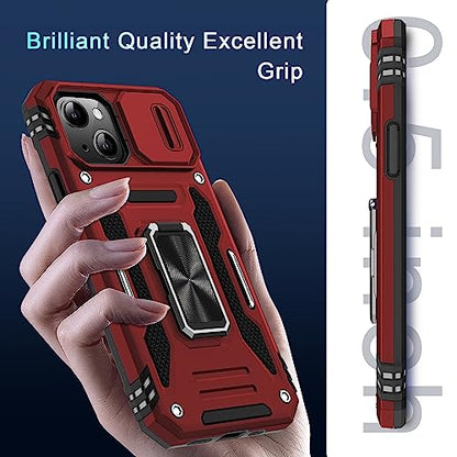 DEERLAMN Case for iPhone 13/iPhone 14 6.1-Inch with Slide Camera Cover+Screen Protector(2 Packs),Rotated Ring Kickstand Military Grade Shockproof Protective Cover-Red - color: Red