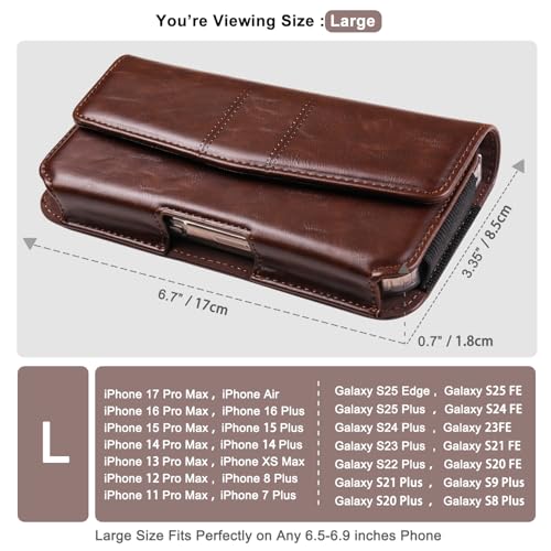 Phone Holster Compatible with iPhone 16/15/14/13/12 Pro Max and Plus, Galaxy S25/S24/S23/S22/S21/S20 Plus and FE, Leather Phone Pouch with Metal Belt Clip, L-Coffee - color: Coffee, size: Large