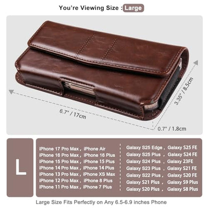 Phone Holster Compatible with iPhone 16/15/14/13/12 Pro Max and Plus, Galaxy S25/S24/S23/S22/S21/S20 Plus and FE, Leather Phone Pouch with Metal Belt Clip, L-Coffee - color: Coffee, size: Large