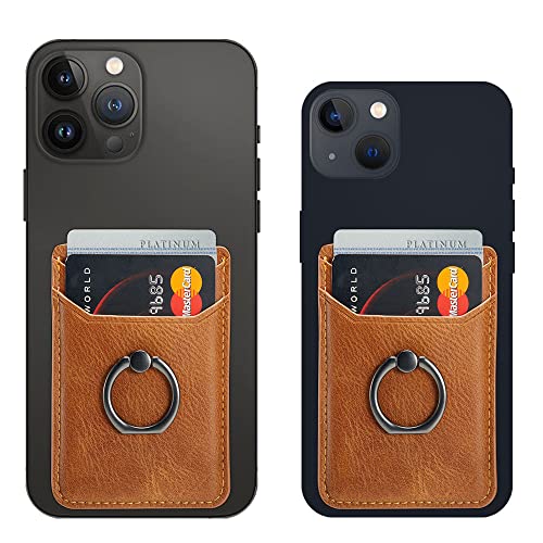 Card Holder Sleeve with Ring, RFID Credit Wallet Synthetic Leather Stick On Back Grip for iPhone Samsung Smartphone - Brown - color: Cow Brown