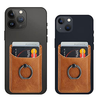 Card Holder Sleeve with Ring, RFID Credit Wallet Synthetic Leather Stick On Back Grip for iPhone Samsung Smartphone - Brown - color: Cow Brown