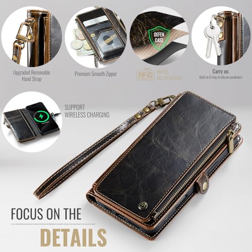 Defencase for iPhone 13 Wallet Case with RFID Blocking Card Holder, Coffee | Durable Soft PU Leather, with Zipper Pocket, Wrist Strap, Fashion Snap Flip Phone Cases Cover with Stand for Women and Men - color: Coffee