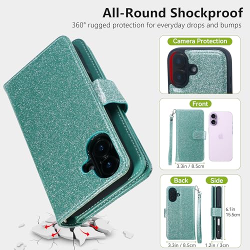 Varikke for iPhone 17 Glitter Case Wallet Magnetic Detachable, Mint Green - color: (Standard) Mint, size: iPhone 17 6.3"