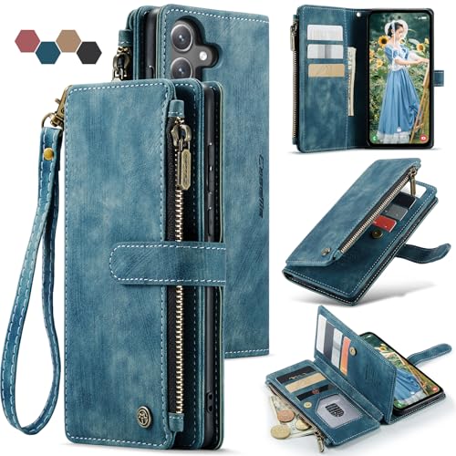Samsung Galaxy S24 FE 5G Wallet Case with Card Holder Kickstand Magnetic Zipper Pocket Lanyard Strap Wristlet,Leather Flip Case Wallet for Galaxy S24 FE 6.7 Inch(Blue) - color: Blue, size: S24 FE 5G 6.7 Inch