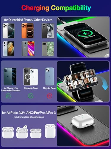 Wireless Charging Mouse Pad with Magnetic Phone Stand, 31.5"x15.8" Large - color: RGB-Mag Stand