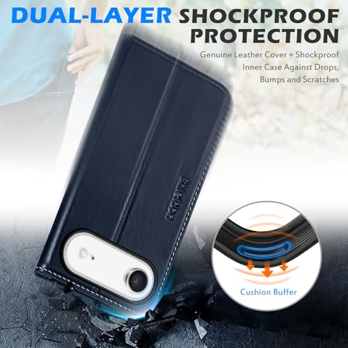 SHIELDON Genuine Leather Case Wallet for iPhone Air 6.5", Retro Dark Blue | Magnetic Closure, RFID Blocking, Credit Card Holder, Kickstand, Folio Design, Soft TPU Shockproof Phone Cover - color: Retro Dark Blue