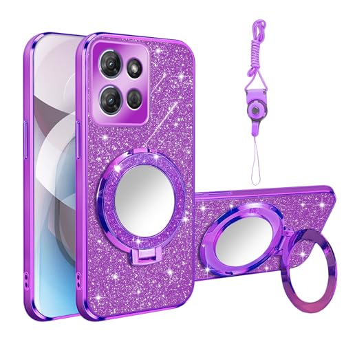 for Moto G 5G 2025 Case with Magnetic Ring Stand Built in Mirror & Wrist Strap Clear Backshell Glitter Card Soft TPU Shockproof Cover for Motorola Moto G 5G 2025 Case, Purple - color: Purple, size: Motorola Moto G 5G 2025