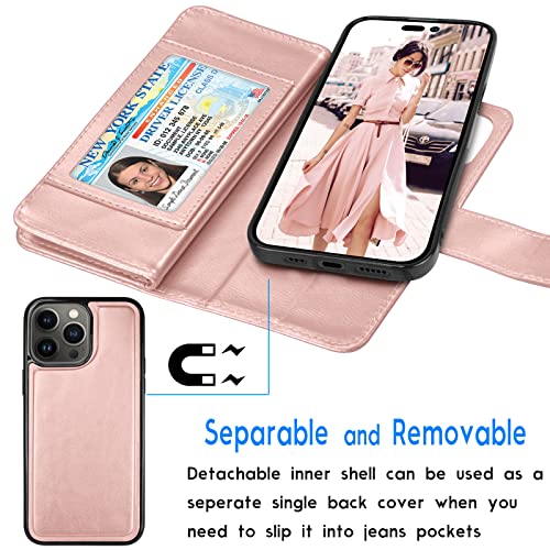 Tekcoo Wallet Case Compatible with iPhone 14 Plus (6.7 inch) 2022 Luxury ID Cash Credit Card Slots Holder Carrying Pouch Folio Flip PU Leather Cover [Detachable Magnetic Hard Case] - Rose Gold - color: W-Rose Gold, size: IP 14 Plus (6.7")