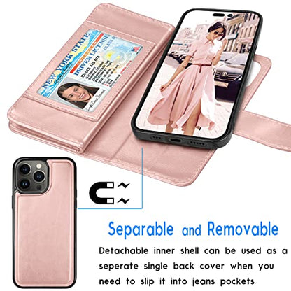 Tekcoo Wallet Case Compatible with iPhone 14 (6.1 inch) 2022 Luxury ID Cash Credit Card Slots Holder Carrying Pouch Folio Flip PU Leather Cover [Detachable Magnetic Hard Case] with Strap [Rose Gold] - color: W-Rose Gold, size: IP 14 (6.1")