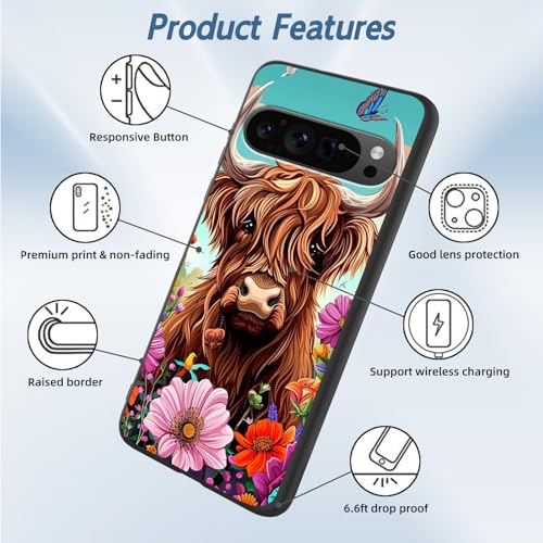 for Google Pixel 9 Pro XL Phone Case TPU Shockproof Full Body Protection Cover 6.8" Cute Highland Cow for Pixel 9 Pro XL Lightweight Compatible Wireless Charging Screen Protector Film - color: Cute Highland Cow