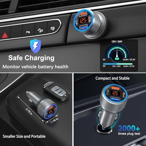USB C Car Charger, 65W 4-Port 12V USB Car Power Cigarette Lighter Adapter - color: Gray, size: 2-Pack