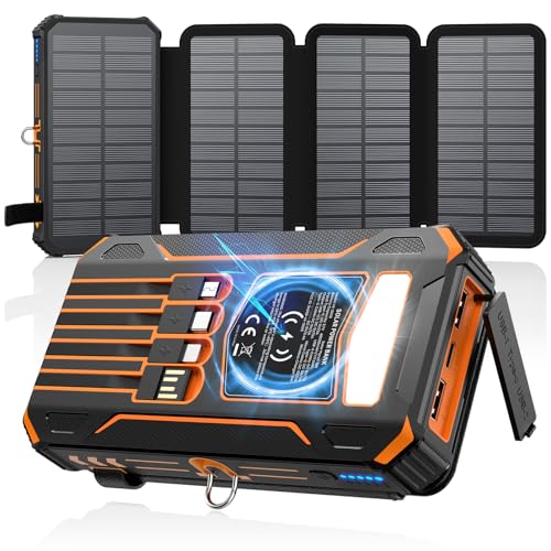 SOARAISE Solar Power Bank 48000mAh Wireless Portable Charger with 4 Cables - color: Orange